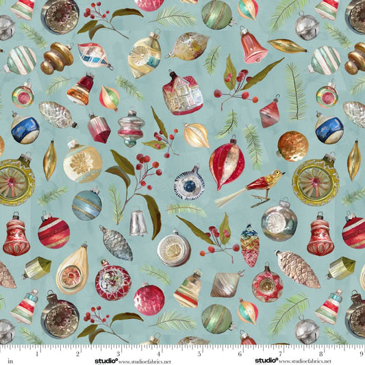 Holly Woods Vintage Ornaments Slate Blue Cathy Walters Studio E Cotton Fabric SE-9240-79