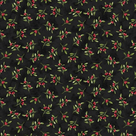 Hollyville Manor Mistletoe Toss Black Jan Mott Henry Glass Cotton Fabric HG-3515-99