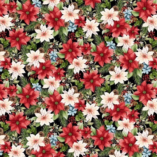 Hollyville Manor Poinsettia Toss Black Jan Mott Henry Glass Cotton Fabric HG-3517-99 | US Fabric Shop