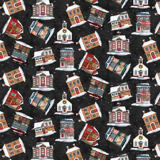 Hollyville Manor Village Toss Black Jan Mott Henry Glass Cotton Fabric HG-3520-99