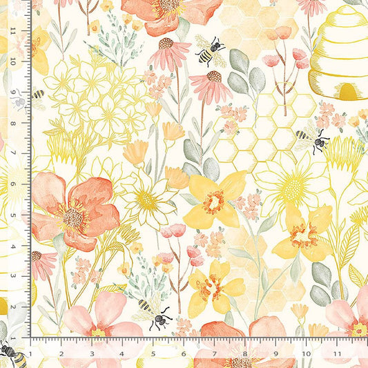 Home Sweet Home Large Beehive Garden Floral Cream Timeless Treasures Cotton Fabric