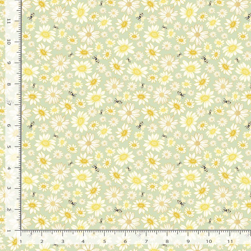 Home Sweet Home Tossed Flowers & Bees Sage Green Timeless Treasures Cotton Fabric