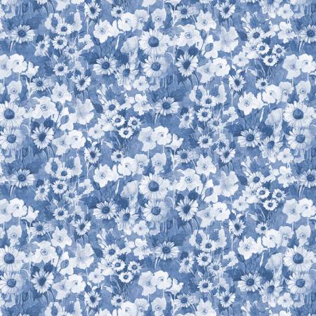 Home To Roost Packed Flowers Blue Susan Winget Wilmington Prints Cotton Fabric