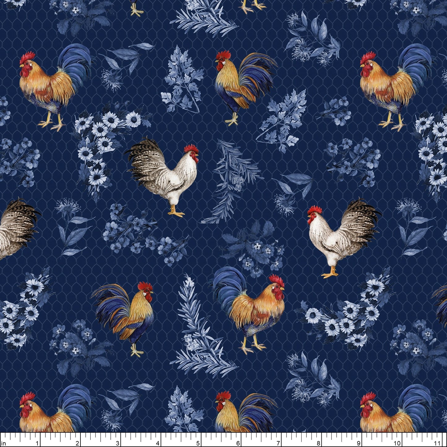 Home To Roost Rooster Allover Dark Blue Susan Winget Wilmington Prints Cotton Fabric