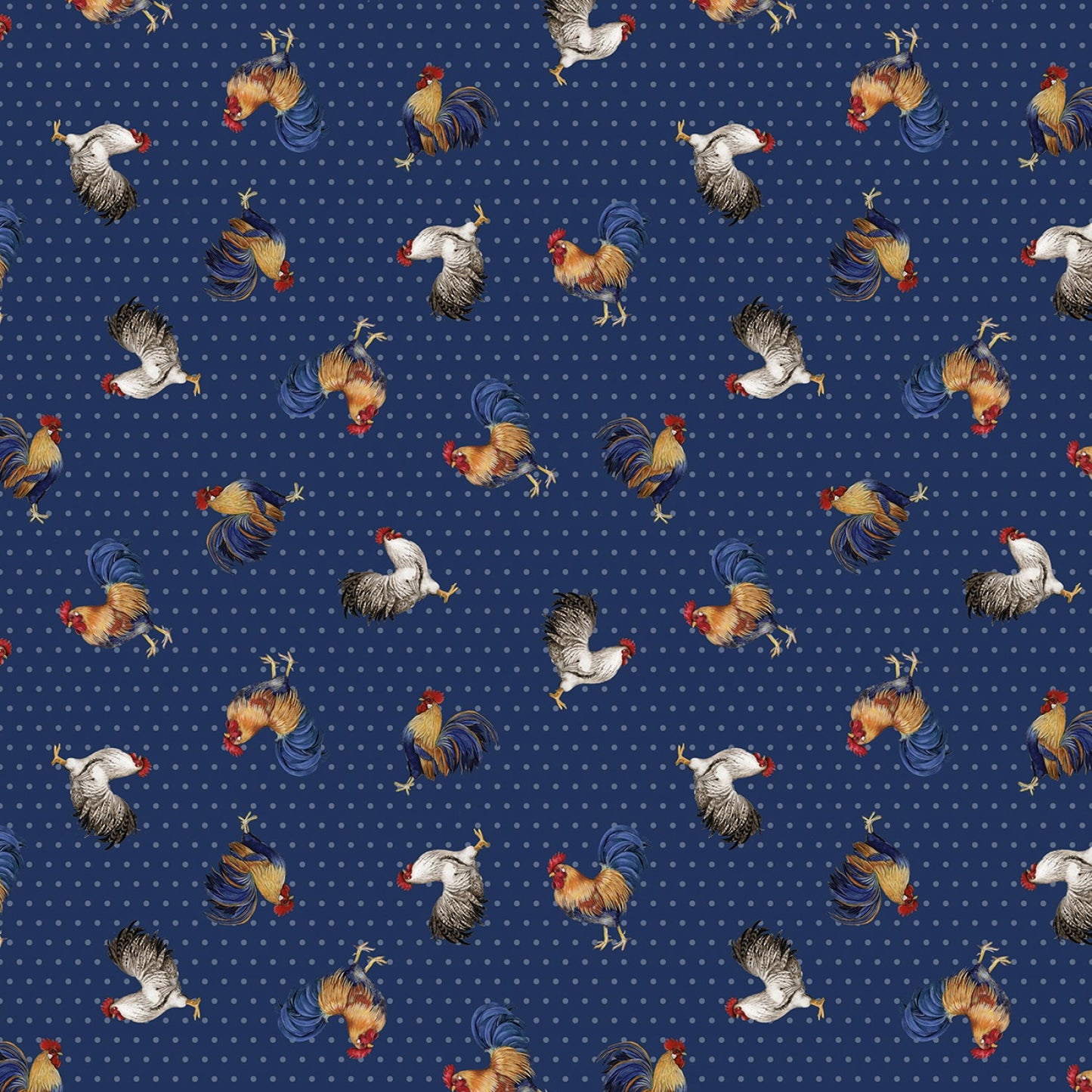 Home To Roost Rooster Toss Dark Blue Susan Winget Wilmington Prints Cotton Fabric