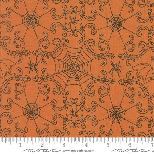 Home Sweet Haunt Rod Iron Spider Web Pumpkin Orange Stacy Lest Hsu Moda Cotton Fabric MD-20917-14 | US Fabric Shop