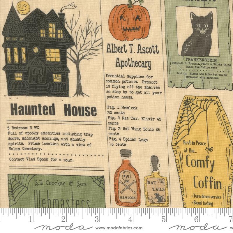 Home Sweet Haunt Vintage Newspaper Text and Words Bone Multi Stacy Lest Hsu Moda Cotton Fabric MD-20910-11