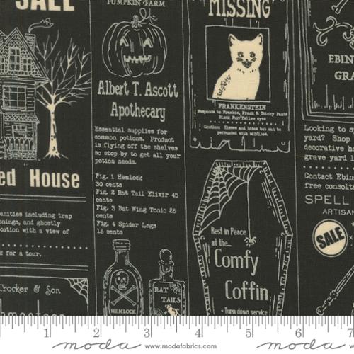 Home Sweet Haunt Vintage Newspaper Text and Words Midnight Black Stacy Lest Hsu Moda Cotton Fabric MD-20910-17