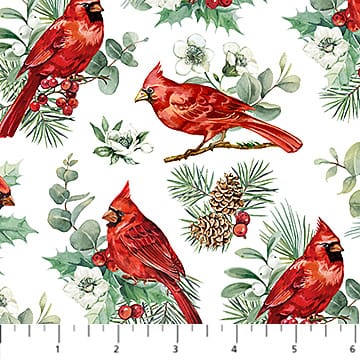 Home for Christmas Cardinals White Multi Deborah Edwards Northcott Cotton Fabric NC-DP28925-10 | US Fabric Shop