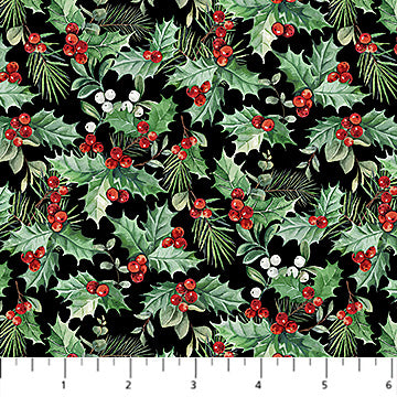 Home for Christmas Packed Holly Black Multi Deborah Edwards Northcott Cotton Fabric NC-DP28929-99