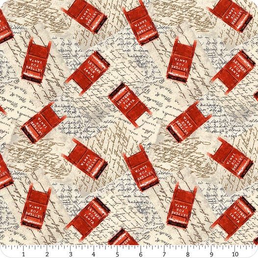 Home the Holidays Red Mailboxes Beige Beth Albert 3 Wishes Cotton Fabric