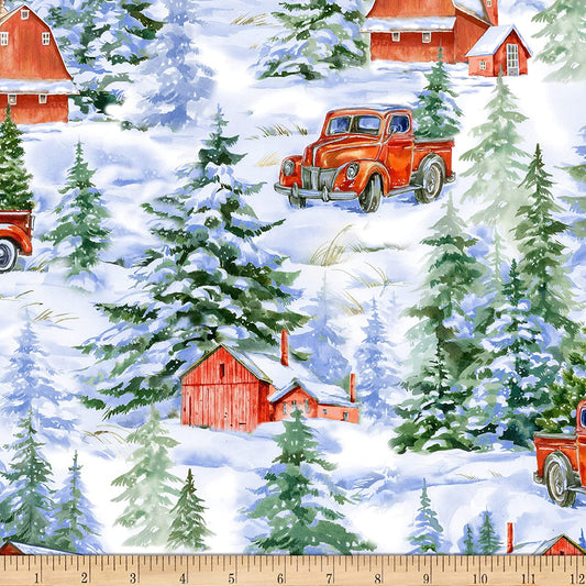 Homestead Red Trucks Barns Pine Snow Scene Timeless Treasures Cotton Fabric