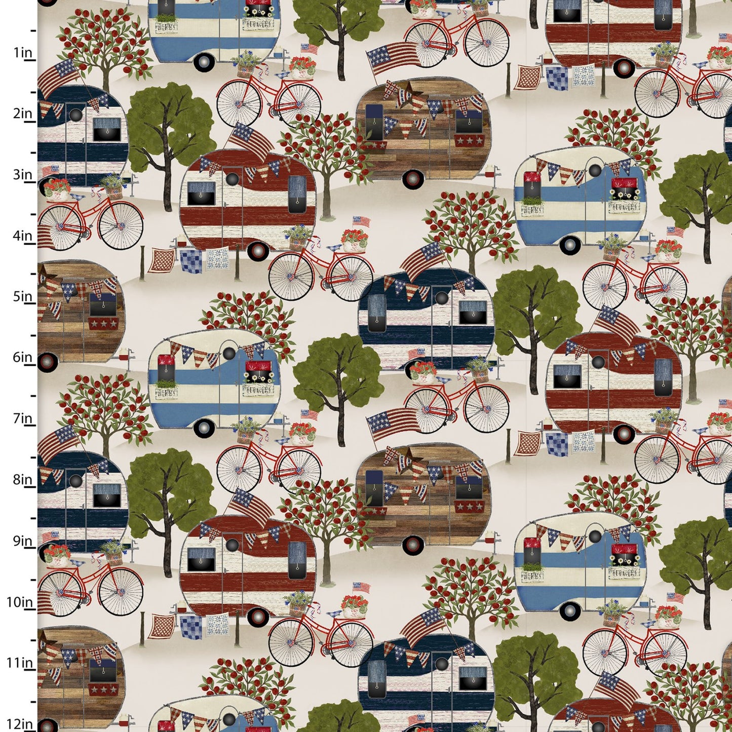 Hometown America Patriotic Campers Beige Beth Albert 3 Wishes Cotton Fabric