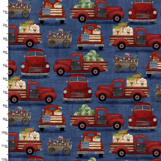 Hometown America Patriotic Trucks Navy Beth Albert 3 Wishes Cotton Fabric