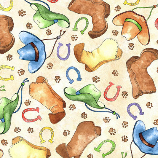 Horsin Around Cowboy Hats and Boots Beige Dan Morris Quilting Treasures Cotton Fabric