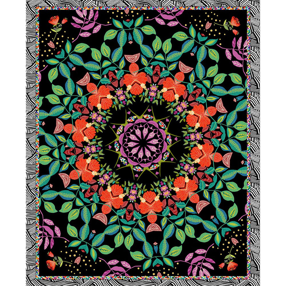 Hothouse Magic Floral Mandala Panel 36" Black Chelsea DesignWorks Studio E Cotton Fabric