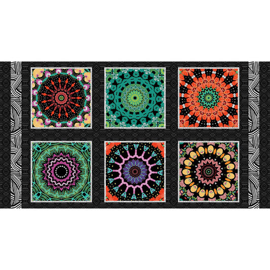 Hothouse Magic Kaleidoscope Geo 10" Blocks Panel 24" Black Chelsea DesignWorks Studio E Cotton Fabric