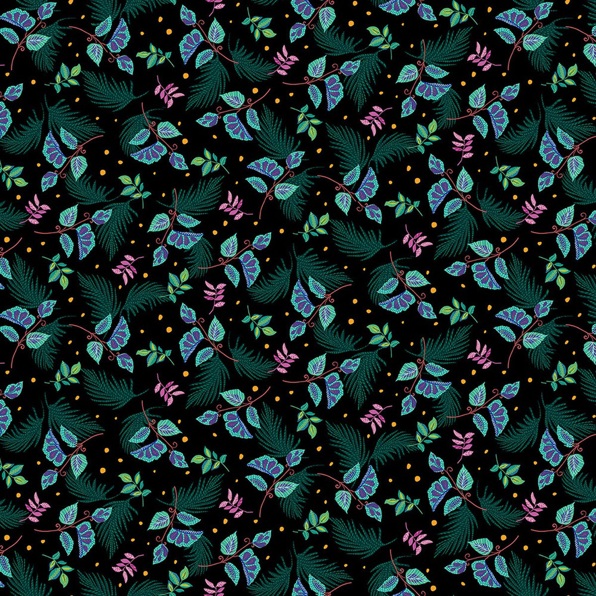 Hothouse Magic Tropical Leaves and Dots Black Chelsea DesignWorks Studio E Cotton Fabric | US Fabric Shop