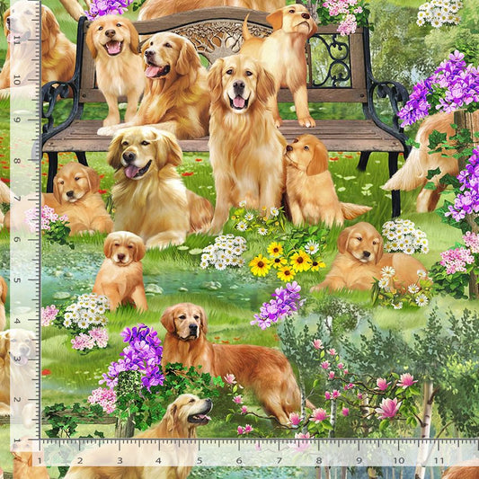 Howl You Doin? Golden Retriever Park Green Michael Searle Timeless Treasures Cotton Fabric