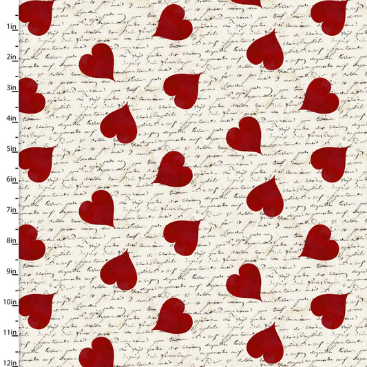 Hugs Kisses and Special Wishes Love Letter Hearts on Beige Beth Albert 3 Wishes Cotton Fabric