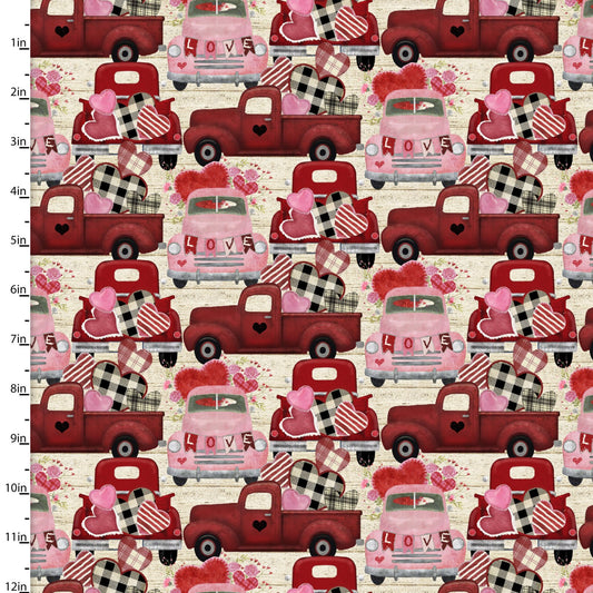 Hugs Kisses and Special Wishes Trucks of Love Hearts Beige Beth Albert 3 Wishes Cotton Fabric