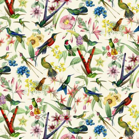 Hummingbird Heaven Allover Cream Elizabeth Isles Elizabeth's Studio Cotton Fabric