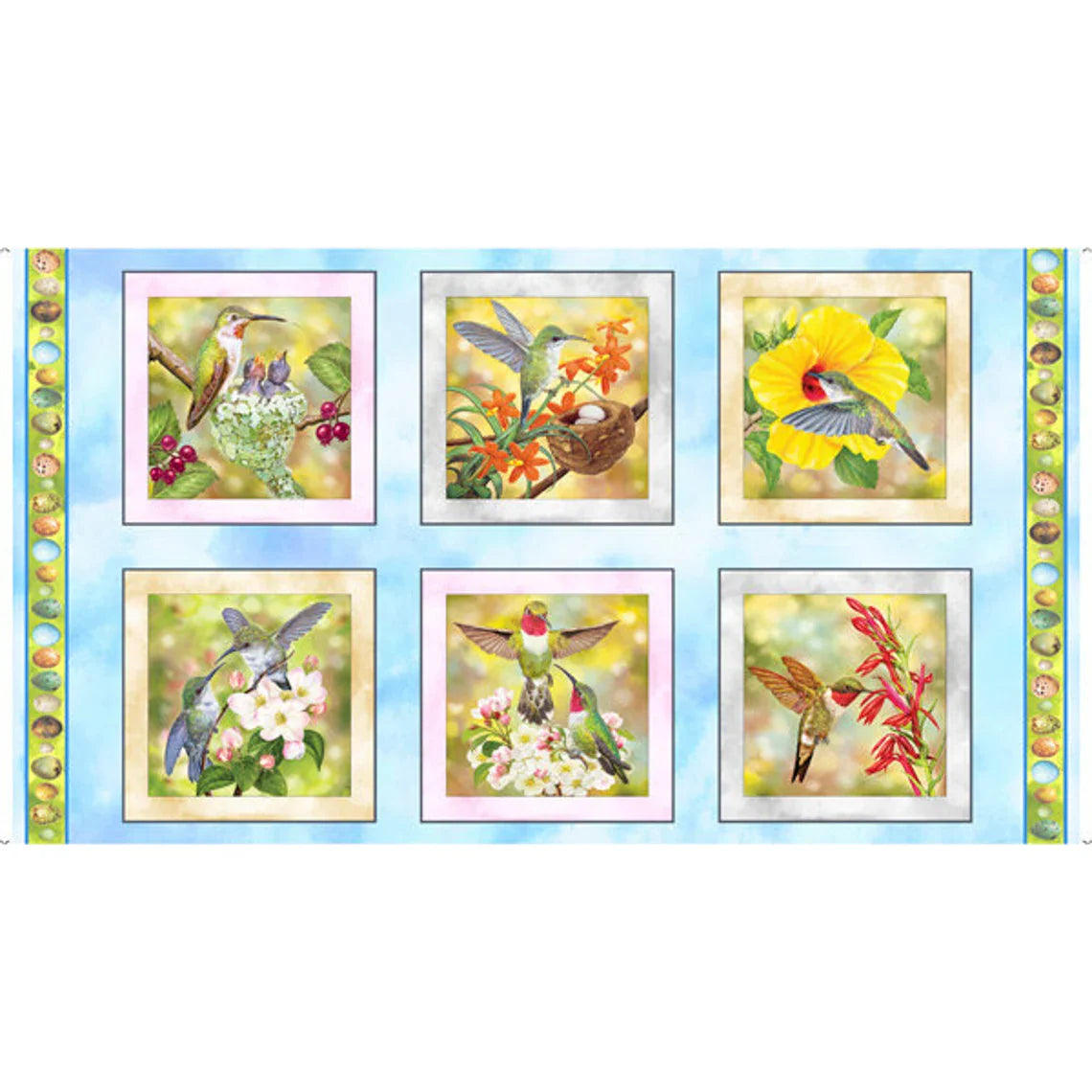 Hummingbird Picture Patches Panel 24" Blue Quilting Treasures Cotton Fabric