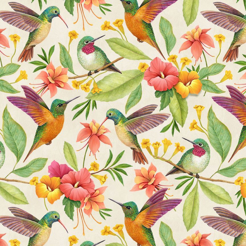 Hummingbirds Paradise Humming Bird & Tropical Florals Multi Rosie Dore Timeless Treasures Cotton fabric