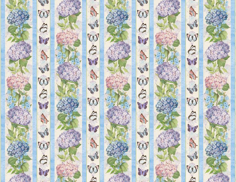 Hydrangea Mist Border Stripe Floral Butterflies Multi Susan Winget Wilmington Prints Cotton Fabric