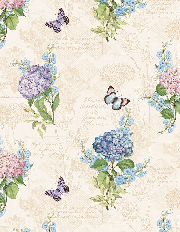 Hydrangea Mist Monograph Floral Butterflies Cream Susan Winget Wilmington Prints Cotton Fabric