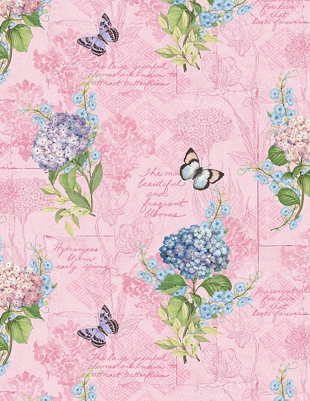 Hydrangea Mist Monograph Floral Butterflies Pink Susan Winget Wilmington Prints Cotton Fabric