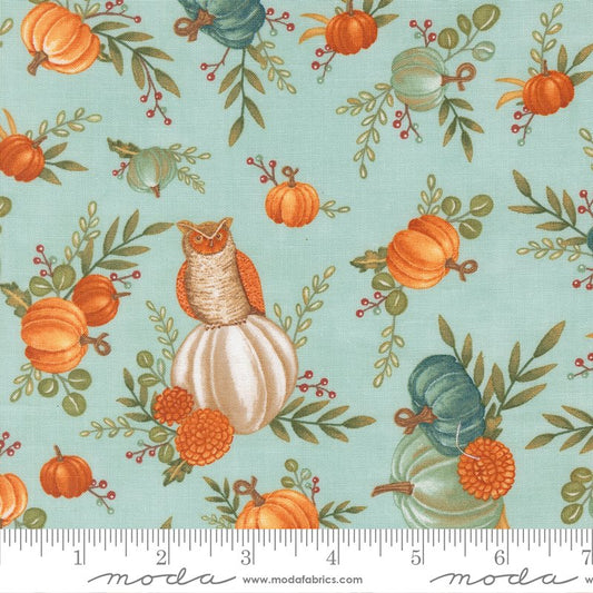 I Love Fall Most of All Pumpkins & Owls Dark Aqua Blue Deb Strain Moda Fabrics Cotton Fabric MD-56140-14