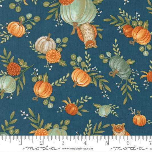 I Love Fall Most of All Pumpkins & Owls Harvest Night Blue Deb Strain Moda Fabrics Cotton Fabric MD-56140-15
