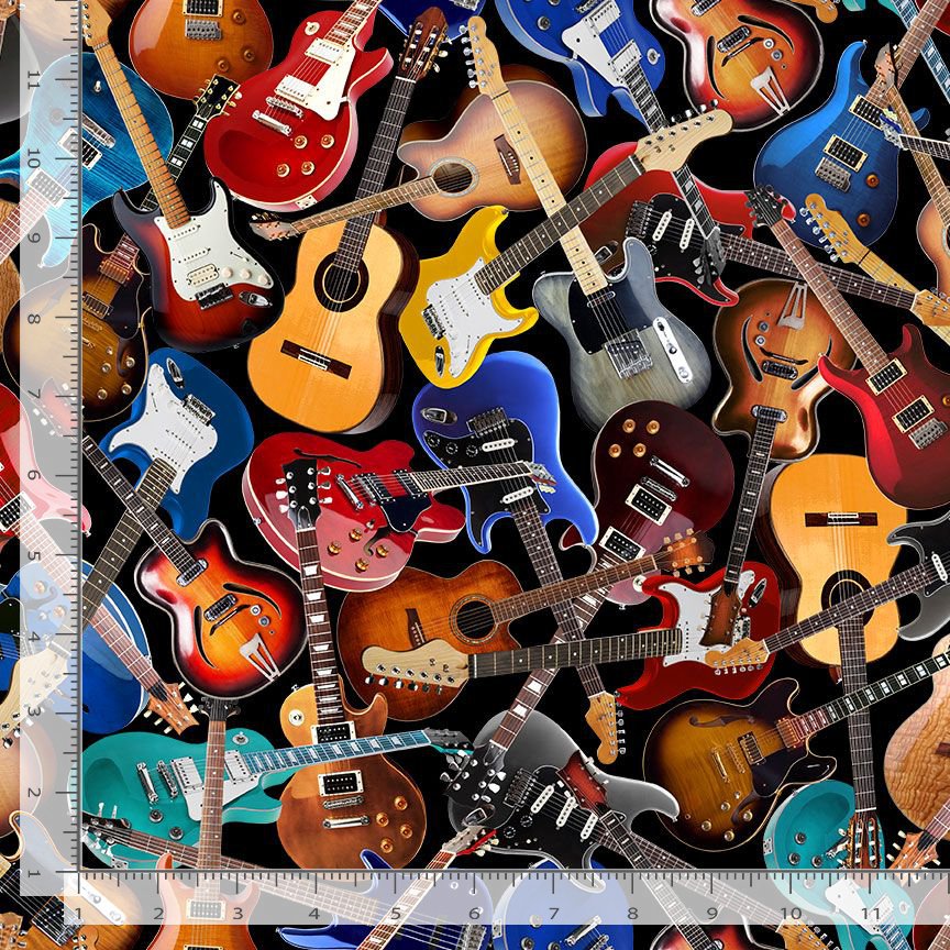 I'm with the Band Tossed Acoustic Guitar Black Timeless Treasures Cotton Fabric TT-MUSIC-CD3359-BLACK