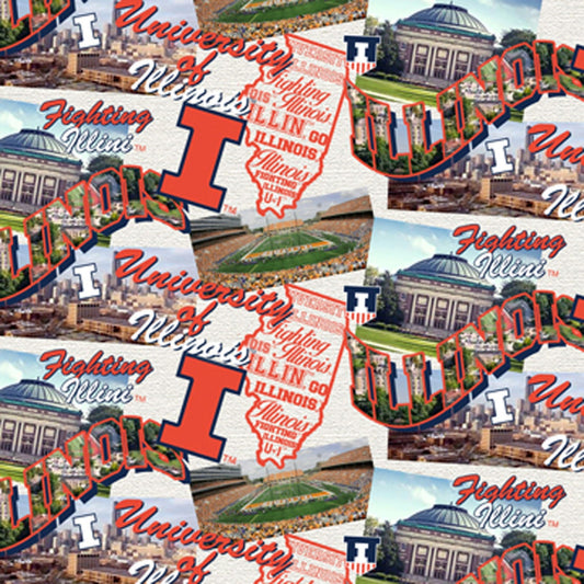 Illinois Fighting Illini NCAA College Scenic Map Sykel Enterprises Cotton Fabric SYK-ILL-1212