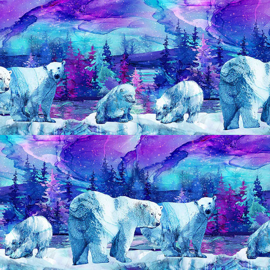 Illuminations Border Stripe Polar Bear Blue Multi Deborah Edwards Melanie Samra Northcott Cotton Fabric