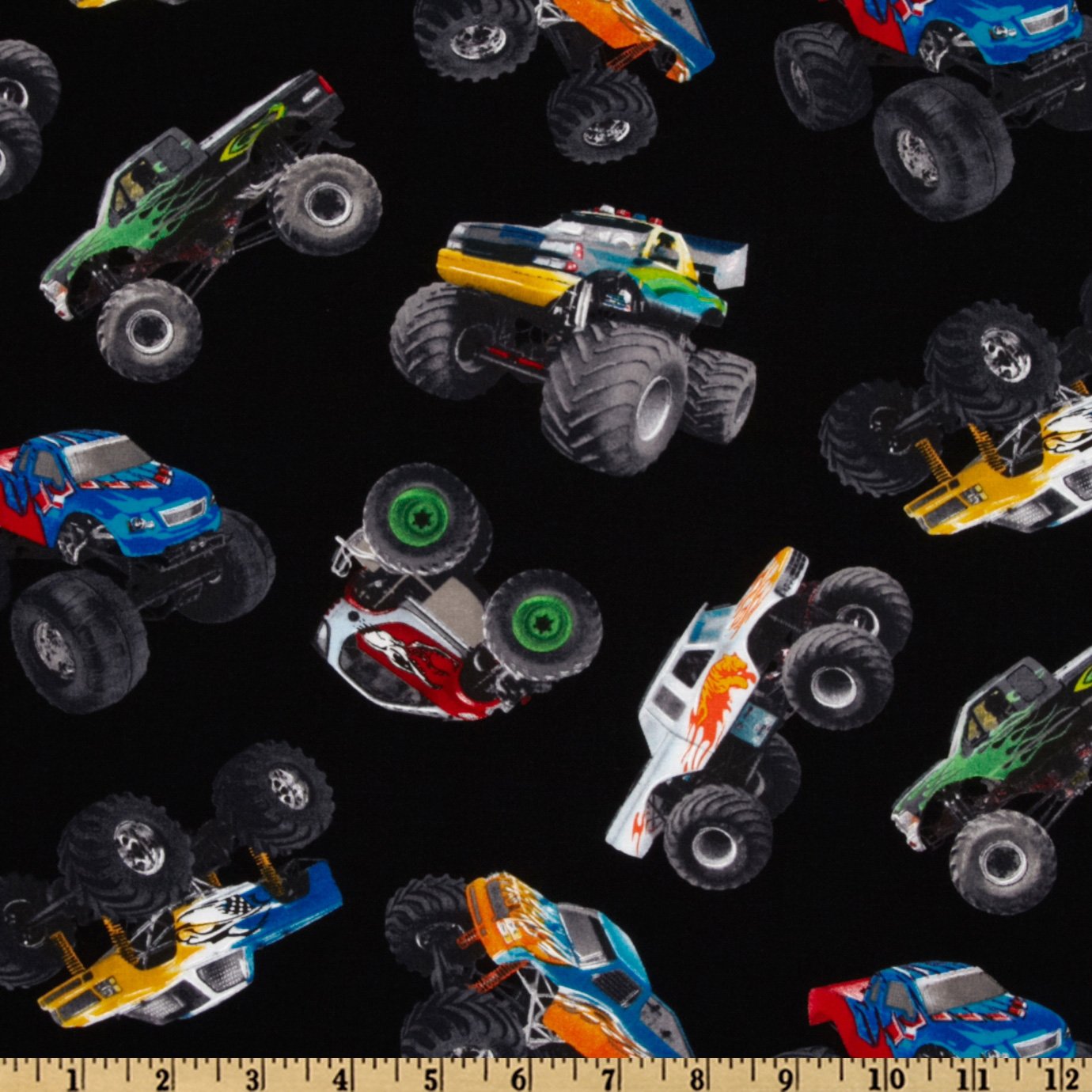 Monster Trucks Tossed Motion Black Elizabeth's Studio Cotton Fabric