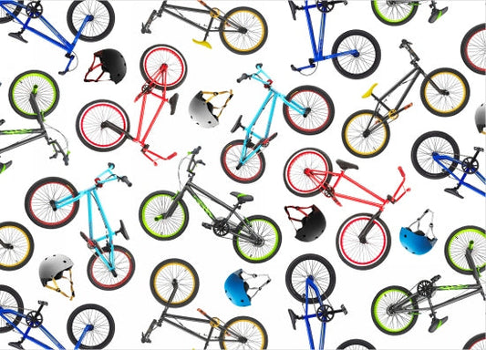 In Motion Bicycles Tossed White Elizabeth's Studio Cotton Fabric