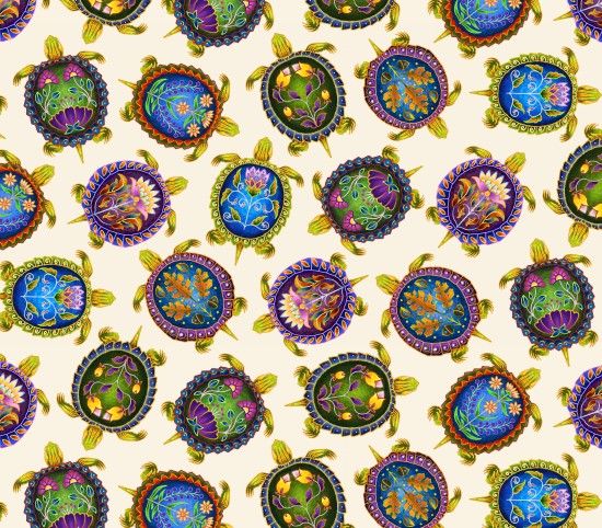 Indigenous Turtles Cream Elizabeth's Studio Cotton Fabric