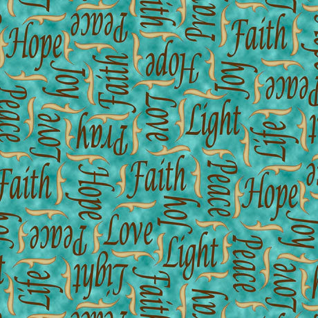 Instruments of Peace Inspirational Words Teal Blue Cindy Sepp Quilting Treasures Cotton Fabric