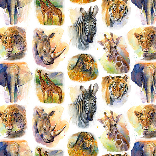 Into the Wild Safari Animals White John Keeling 3 Wishes Cotton Fabric