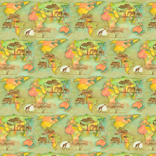 Into the Wild World Map Green John Keeling 3 Wishes Cotton Fabric