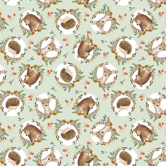 Into the Woods Forest Animal Heads Wreaths Sage Green Timeless Treasures Cotton Fabric