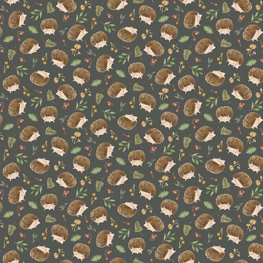 Into the Woods Hedgehog and Mushrooms Slate Green Timeless Treasures Cotton Fabric