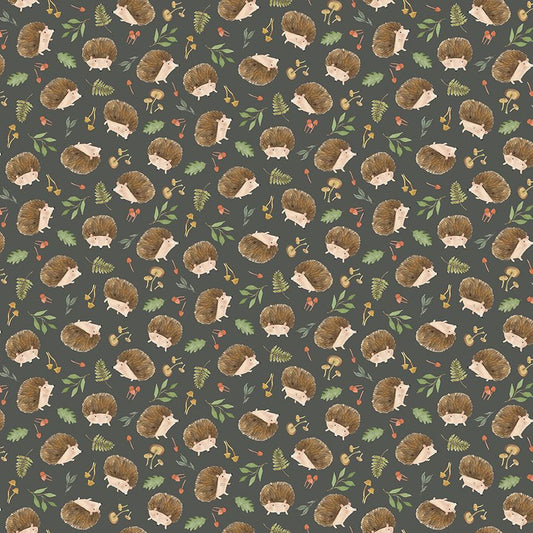 Into the Woods Hedgehog and Mushrooms Slate Green Timeless Treasures Cotton Fabric