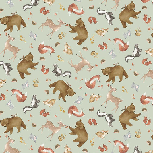 Into the Woods Tossed Forest Animals Sage Green Timeless Treasures Cotton Fabric