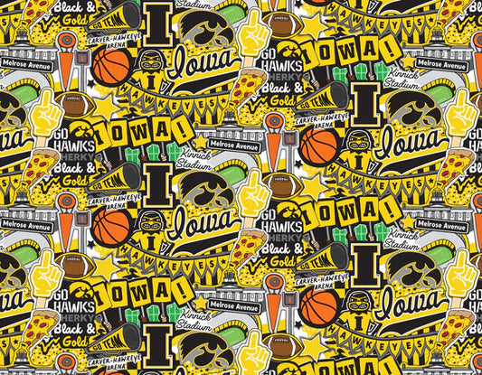Iowa Hawkeyes NCAA College Doodle Allover Sammy Sykel Cotton Fabric