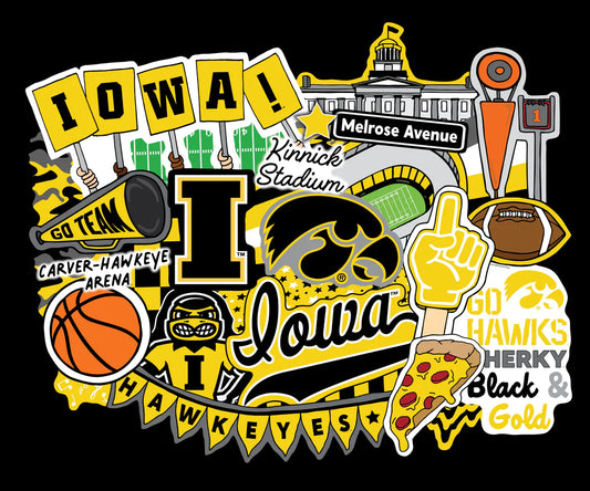 Iowa Hawkeyes NCAA College Doodle Panel 36"x43" Sammy Sykel Enterprises Cotton Fabric SYK-IA-2000