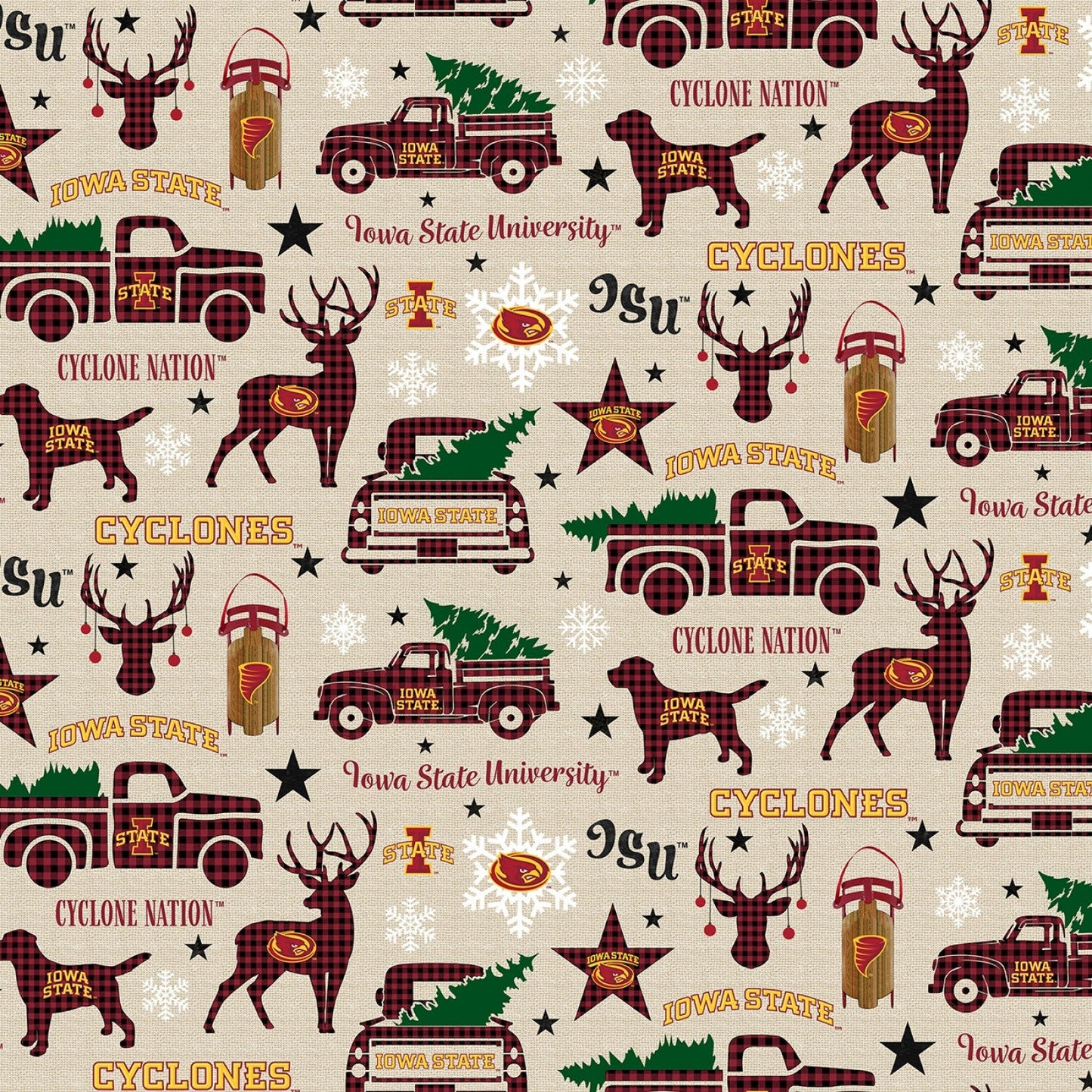 Iowa State Cyclones NCAA College Christmas Holiday Beige Sykel Cotton Fabric ISU-1363
