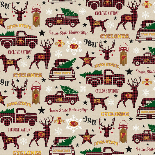Iowa State Cyclones NCAA College Christmas Holiday Beige Sykel Cotton Fabric